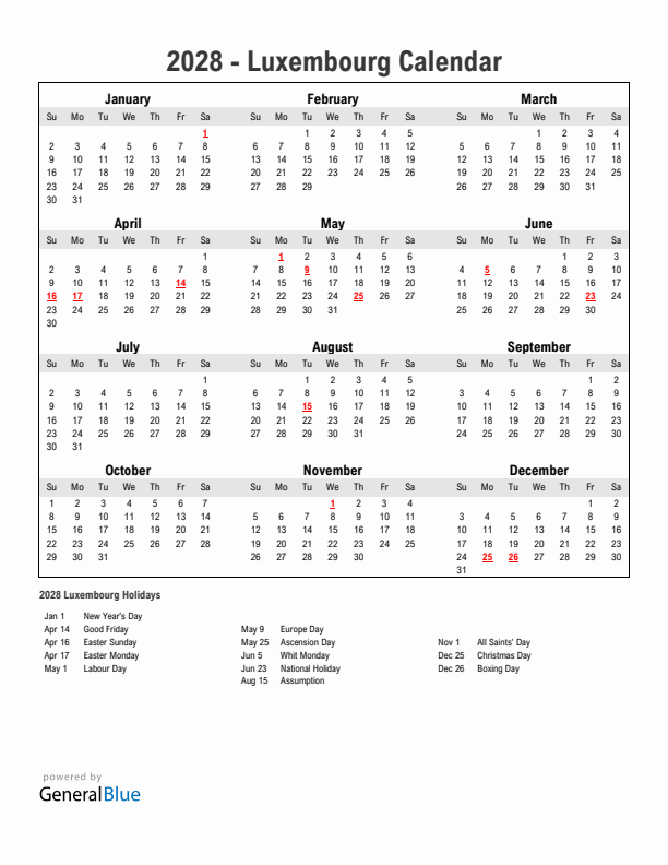 Year 2028 Simple Calendar With Holidays in Luxembourg