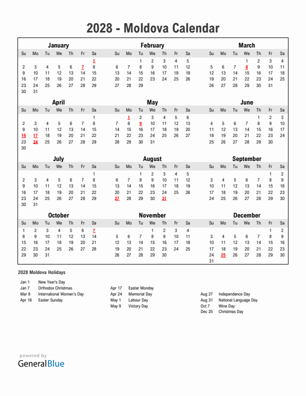 Year 2028 Simple Calendar With Holidays in Moldova