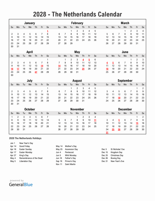 Year 2028 Simple Calendar With Holidays in The Netherlands