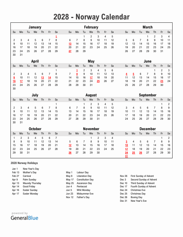 Year 2028 Simple Calendar With Holidays in Norway