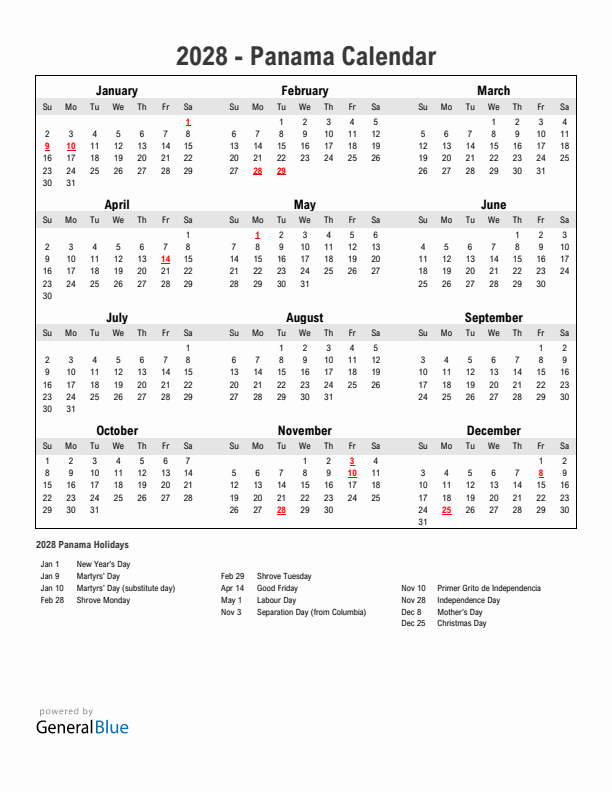 Year 2028 Simple Calendar With Holidays in Panama