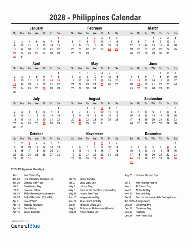 Year 2028 Simple Calendar With Holidays in Philippines