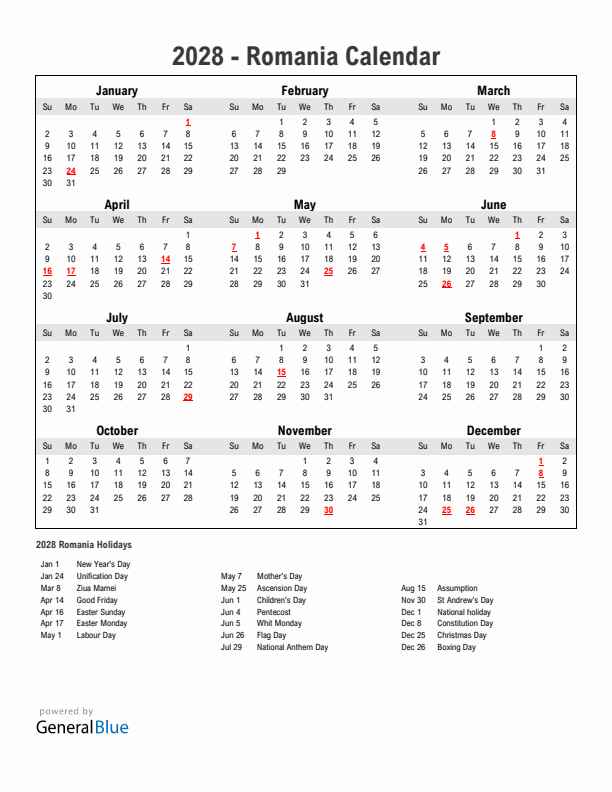 Year 2028 Simple Calendar With Holidays in Romania