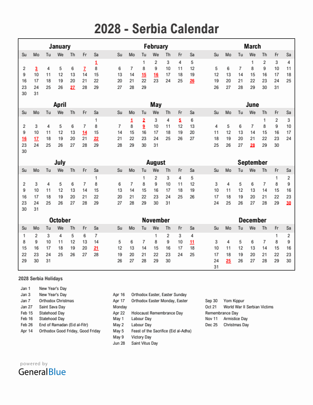 Year 2028 Simple Calendar With Holidays in Serbia