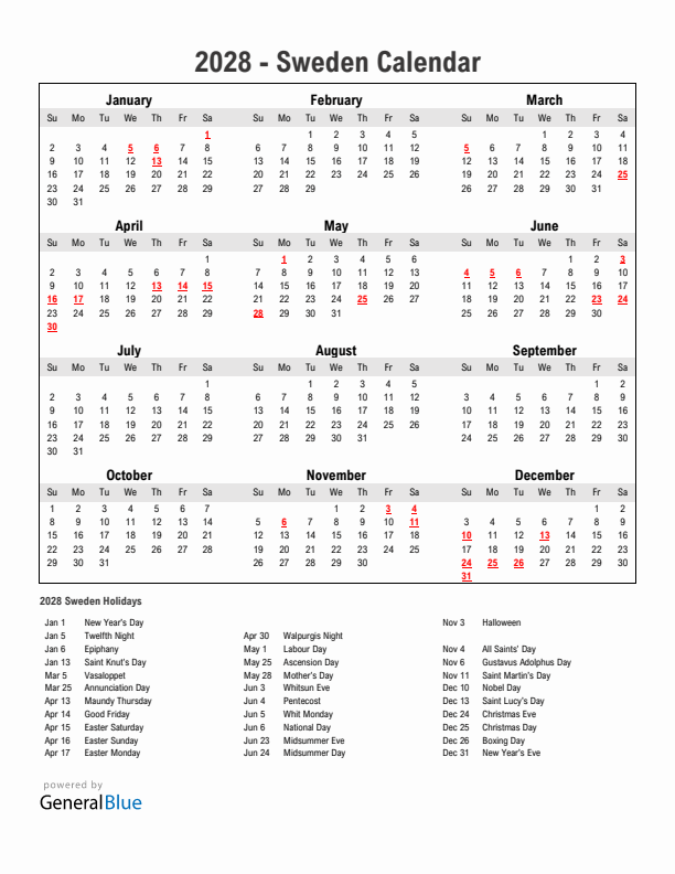 Year 2028 Simple Calendar With Holidays in Sweden