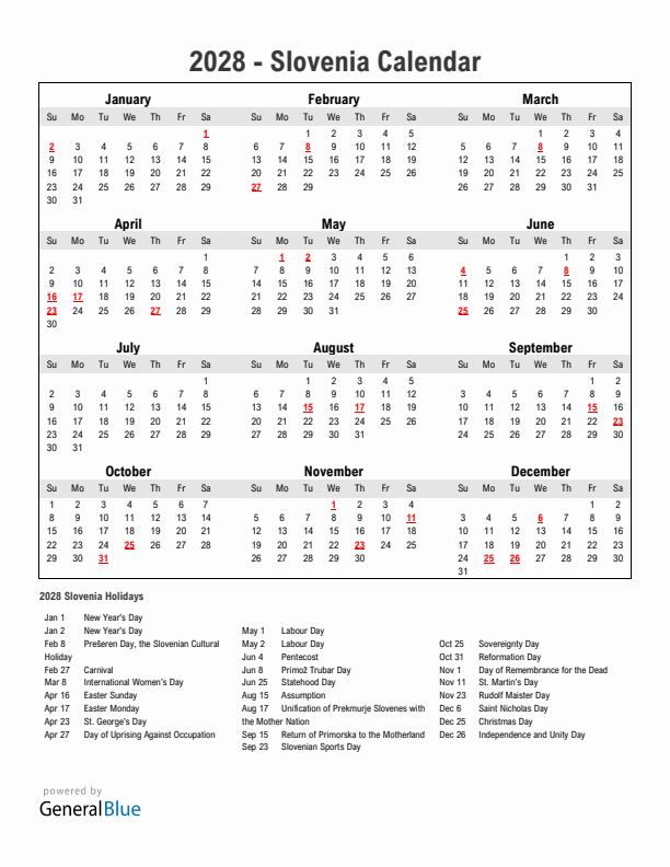 Year 2028 Simple Calendar With Holidays in Slovenia