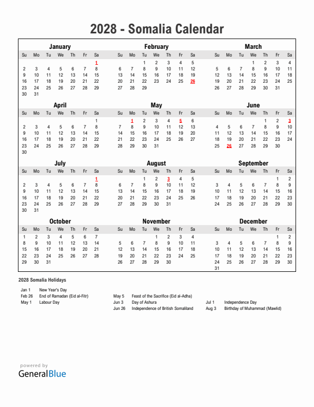 Year 2028 Simple Calendar With Holidays in Somalia