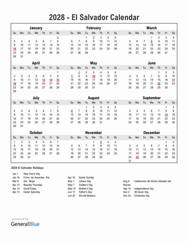 Year 2028 Simple Calendar With Holidays in El Salvador