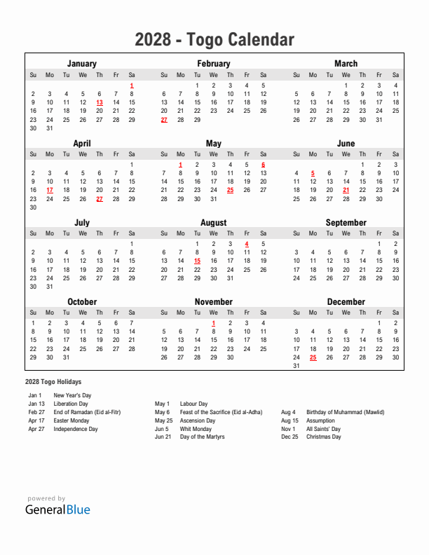 Year 2028 Simple Calendar With Holidays in Togo