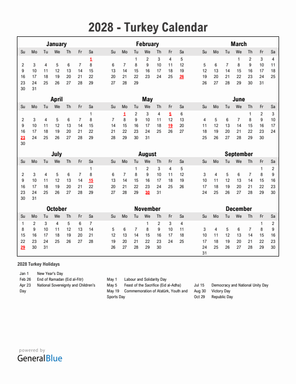 Year 2028 Simple Calendar With Holidays in Turkey