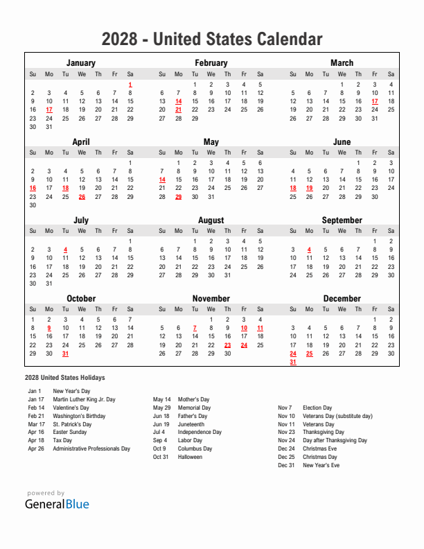 Year 2028 Simple Calendar With Holidays in United States