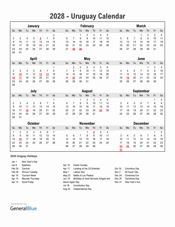 Year 2028 Simple Calendar With Holidays in Uruguay