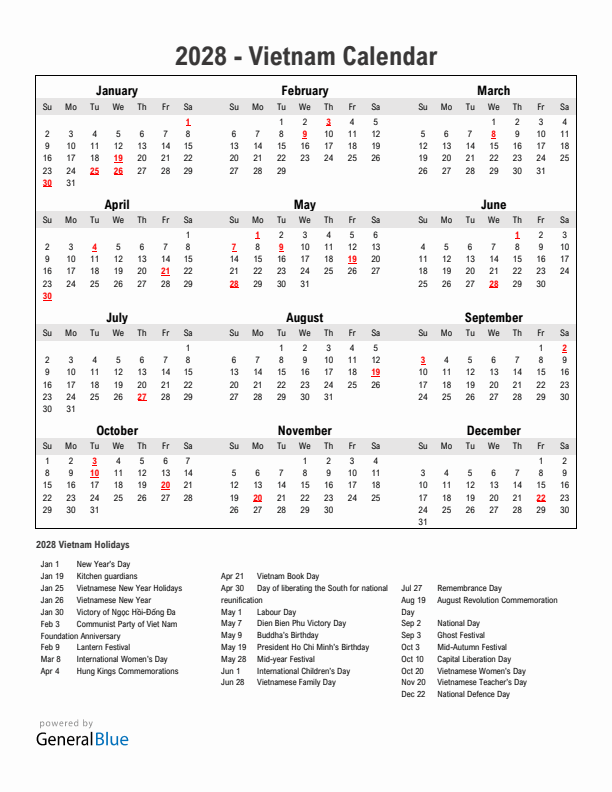 Year 2028 Simple Calendar With Holidays in Vietnam