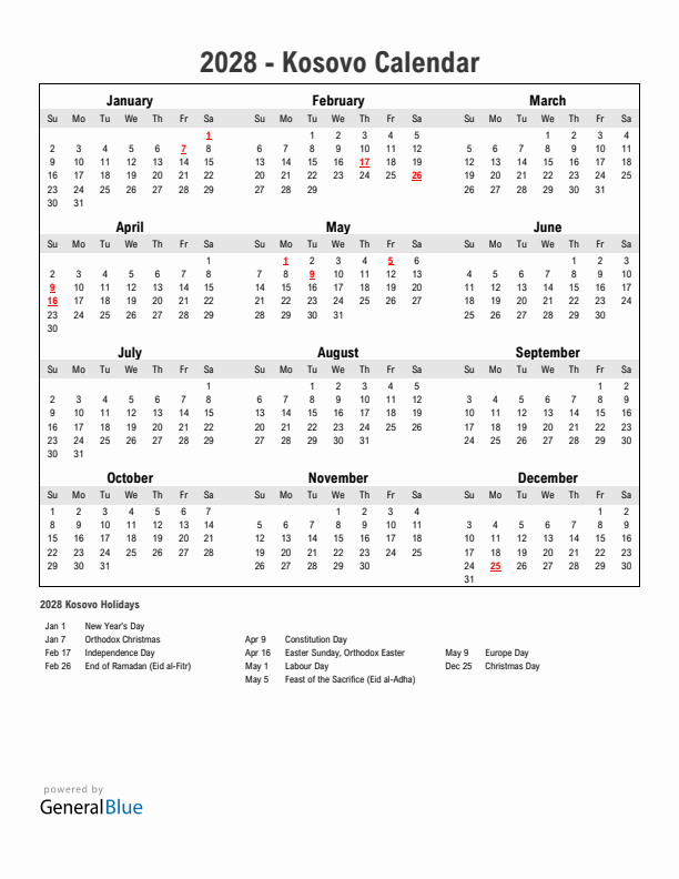 Year 2028 Simple Calendar With Holidays in Kosovo