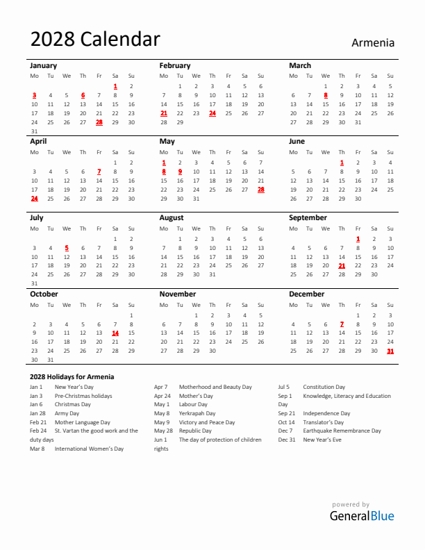 Standard Holiday Calendar for 2028 with Armenia Holidays 