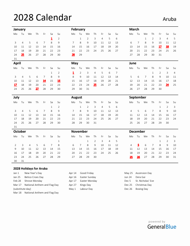 Standard Holiday Calendar for 2028 with Aruba Holidays 