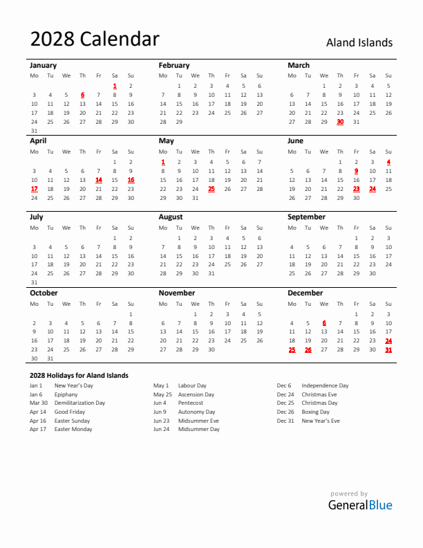 Standard Holiday Calendar for 2028 with Aland Islands Holidays 