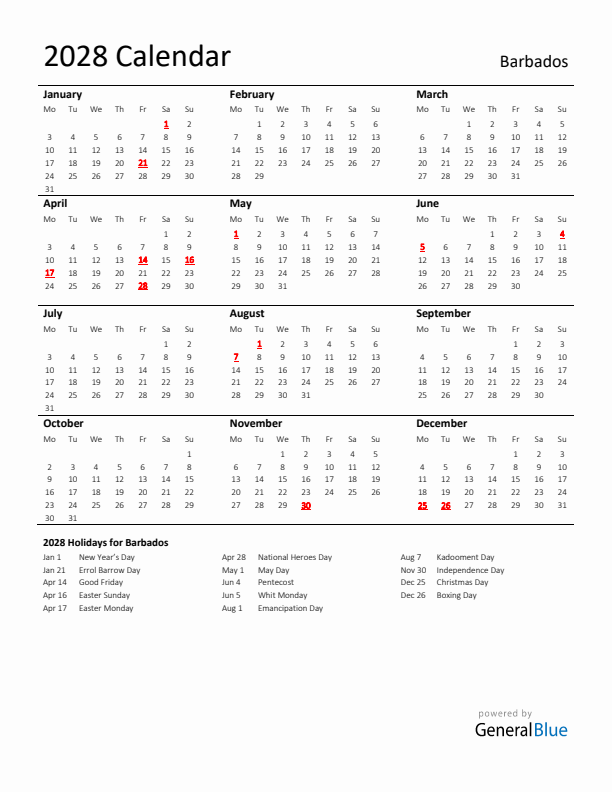 Standard Holiday Calendar for 2028 with Barbados Holidays 