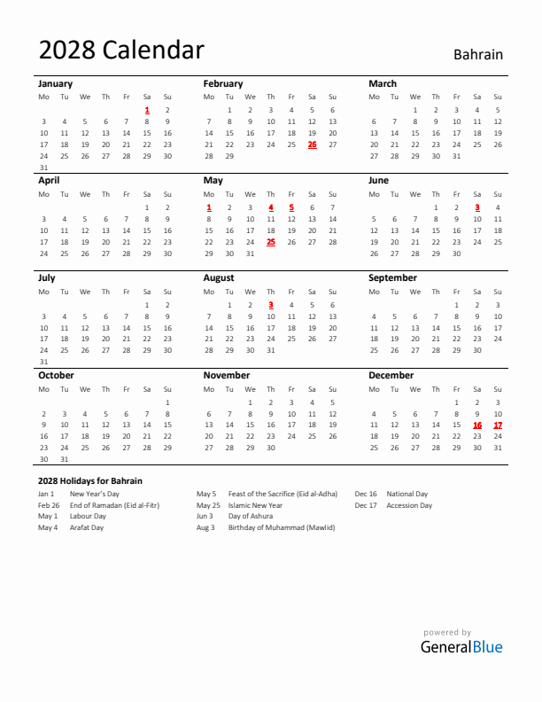 Standard Holiday Calendar for 2028 with Bahrain Holidays 