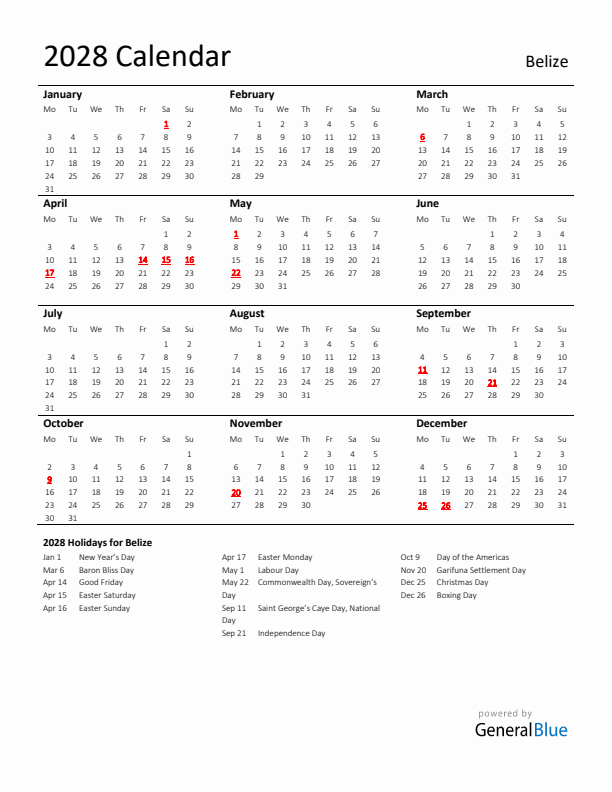 Standard Holiday Calendar for 2028 with Belize Holidays 