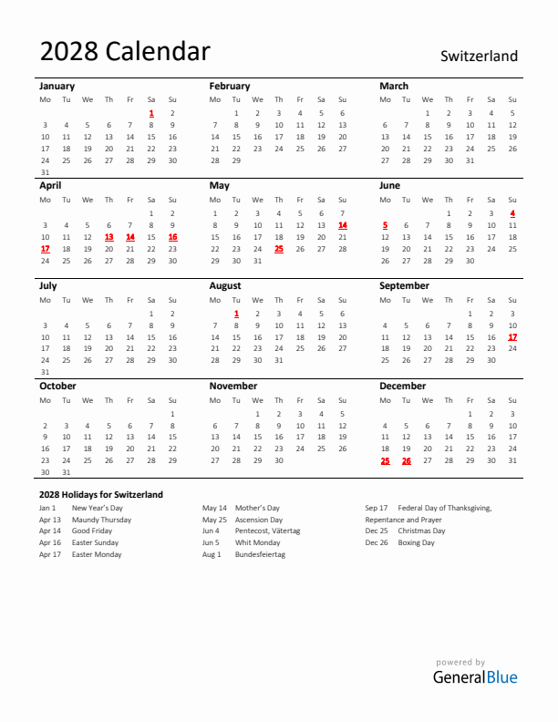 Standard Holiday Calendar for 2028 with Switzerland Holidays 