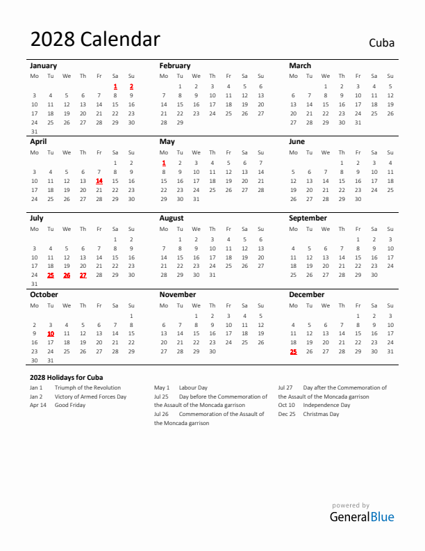 Standard Holiday Calendar for 2028 with Cuba Holidays 