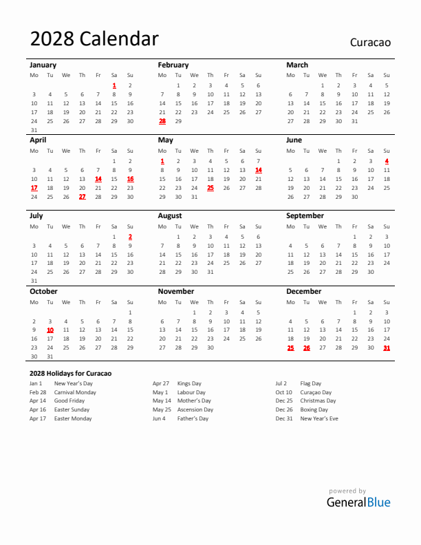 Standard Holiday Calendar for 2028 with Curacao Holidays 