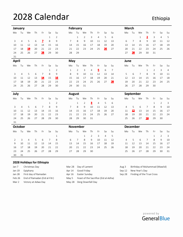 Standard Holiday Calendar for 2028 with Ethiopia Holidays 