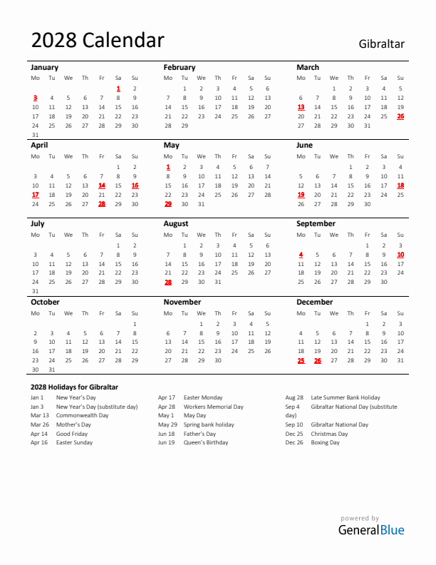 Standard Holiday Calendar for 2028 with Gibraltar Holidays 