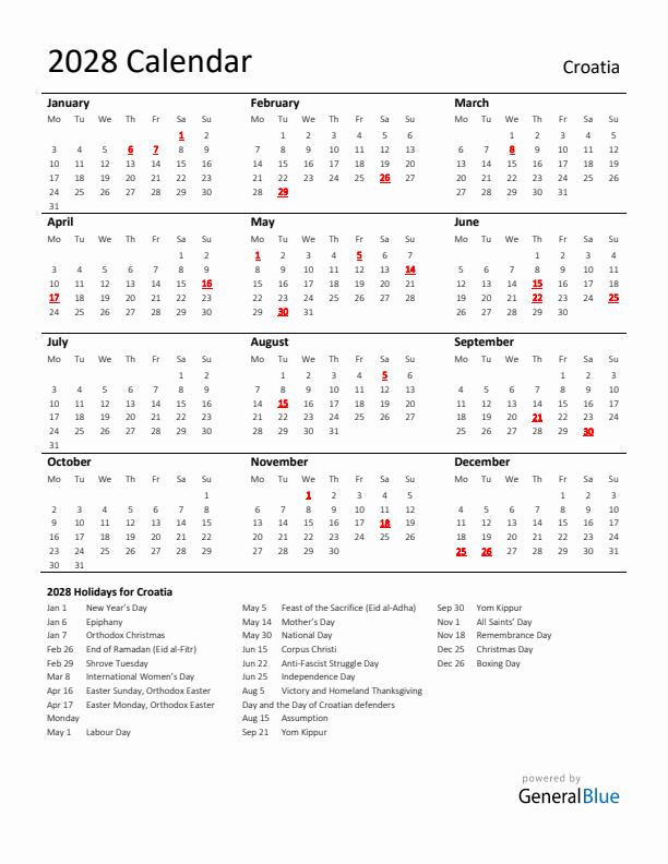 Standard Holiday Calendar for 2028 with Croatia Holidays 