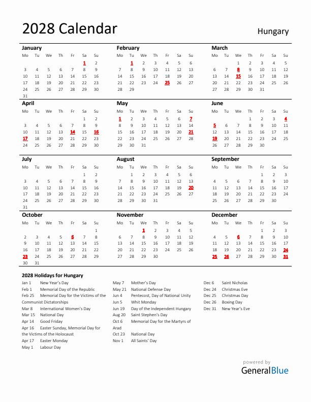 Standard Holiday Calendar for 2028 with Hungary Holidays 