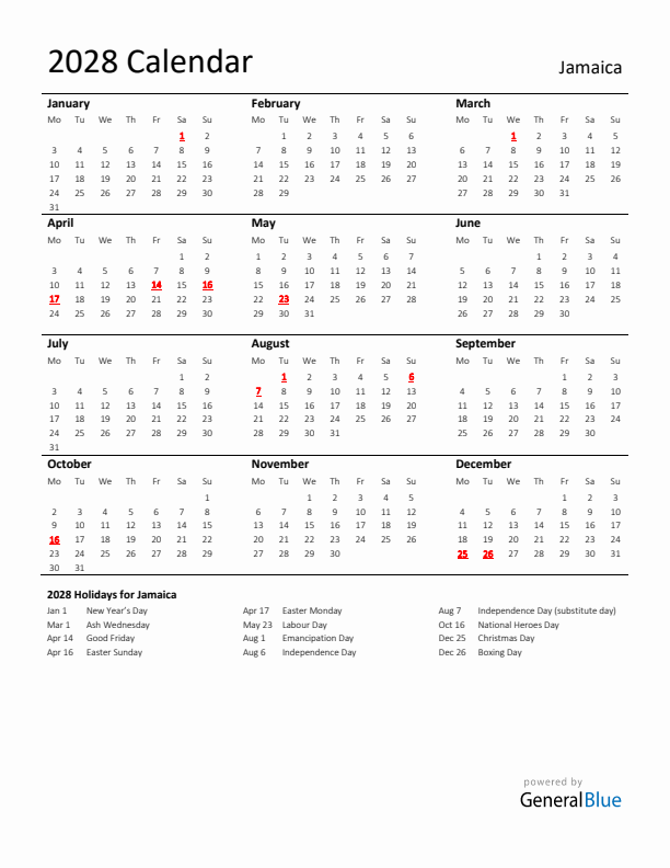 Standard Holiday Calendar for 2028 with Jamaica Holidays 