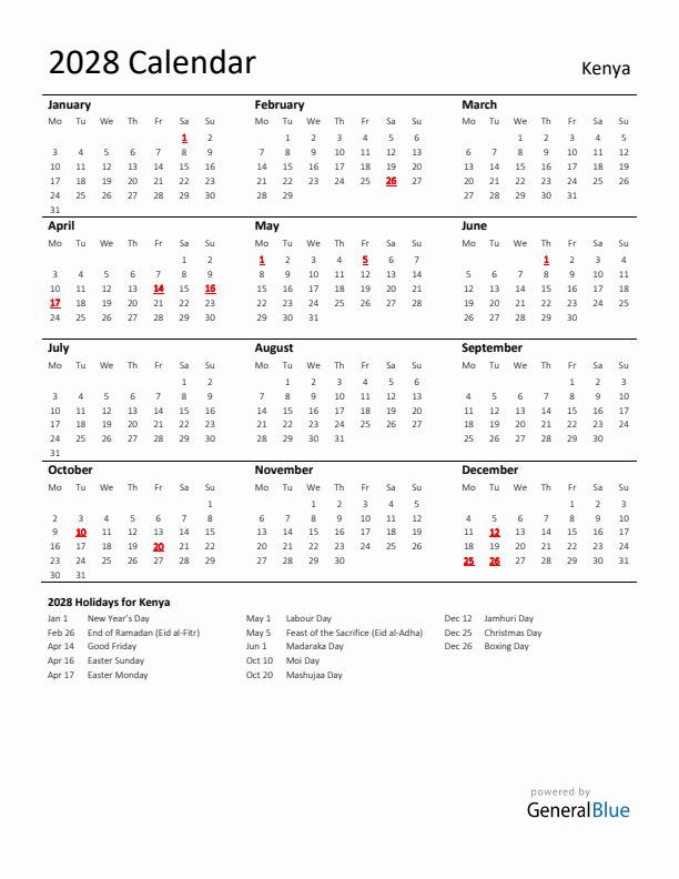 Standard Holiday Calendar for 2028 with Kenya Holidays 