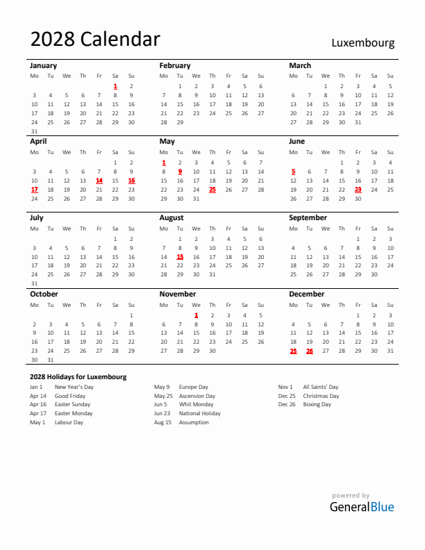 Standard Holiday Calendar for 2028 with Luxembourg Holidays 