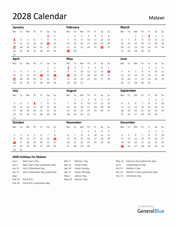 Standard Holiday Calendar for 2028 with Malawi Holidays 