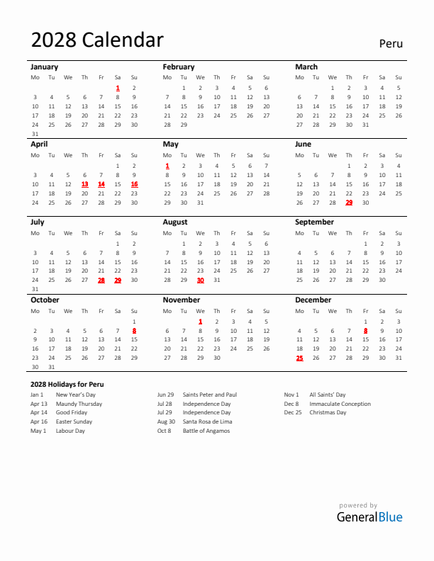 Standard Holiday Calendar for 2028 with Peru Holidays 