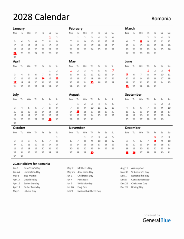 Standard Holiday Calendar for 2028 with Romania Holidays 