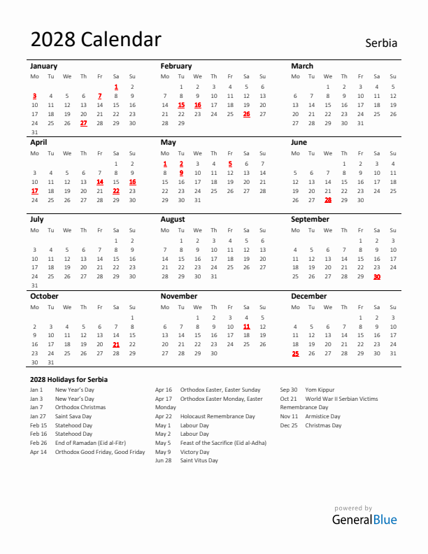 Standard Holiday Calendar for 2028 with Serbia Holidays 