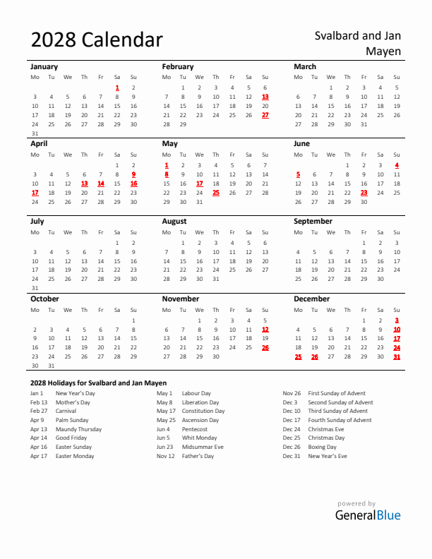 Standard Holiday Calendar for 2028 with Svalbard and Jan Mayen Holidays 