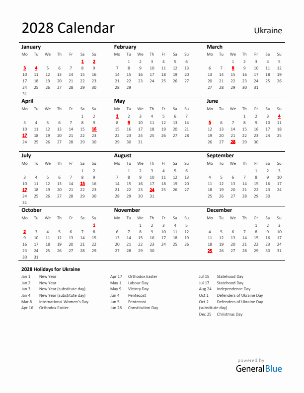 Standard Holiday Calendar for 2028 with Ukraine Holidays 