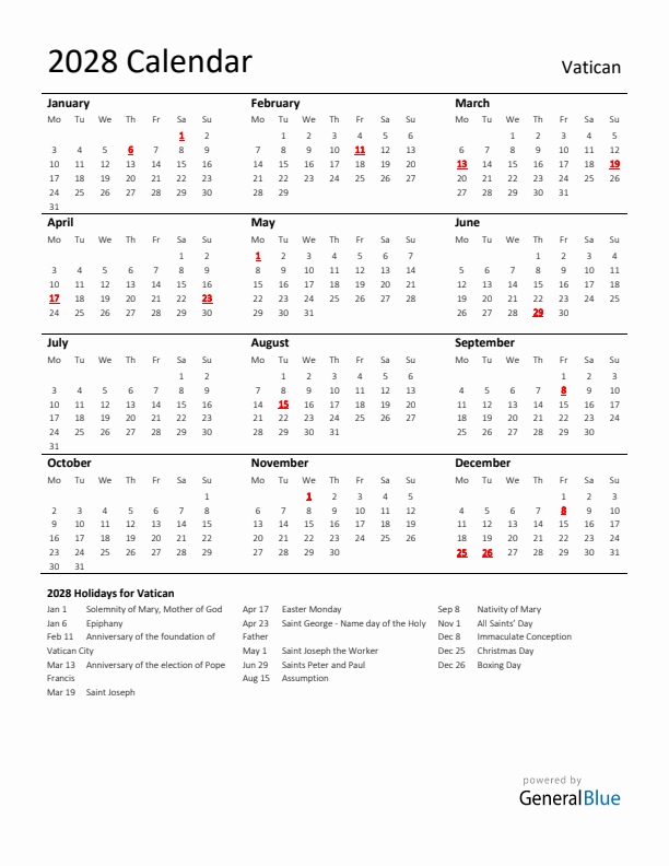 Standard Holiday Calendar for 2028 with Vatican Holidays 