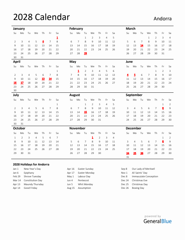 Standard Holiday Calendar for 2028 with Andorra Holidays 