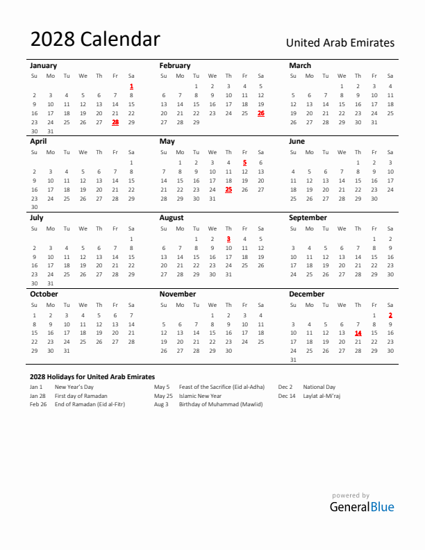 Standard Holiday Calendar for 2028 with United Arab Emirates Holidays 