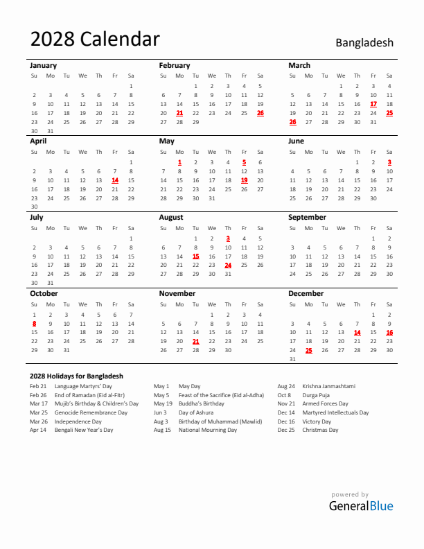 Standard Holiday Calendar for 2028 with Bangladesh Holidays 