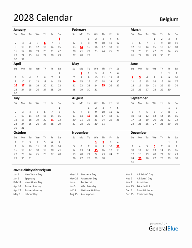 Standard Holiday Calendar for 2028 with Belgium Holidays 