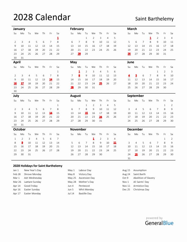 Standard Holiday Calendar for 2028 with Saint Barthelemy Holidays 