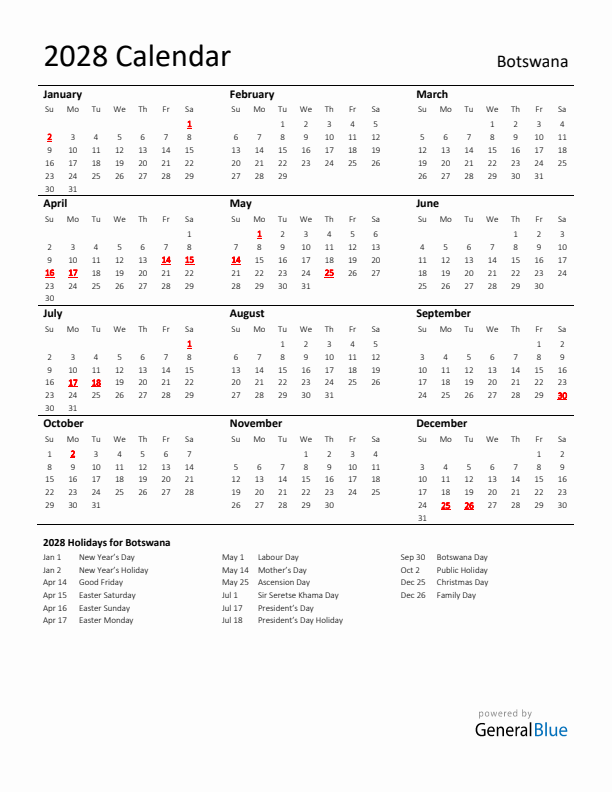 Standard Holiday Calendar for 2028 with Botswana Holidays 