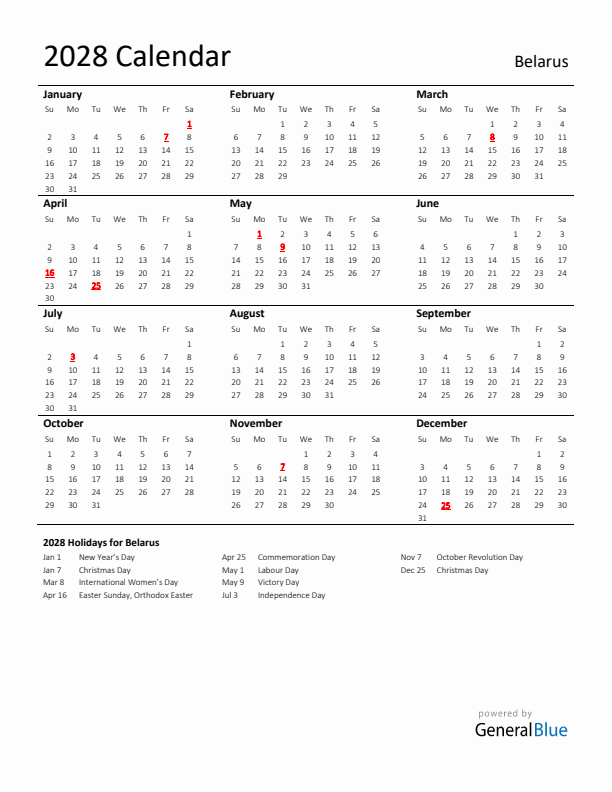 Standard Holiday Calendar for 2028 with Belarus Holidays 