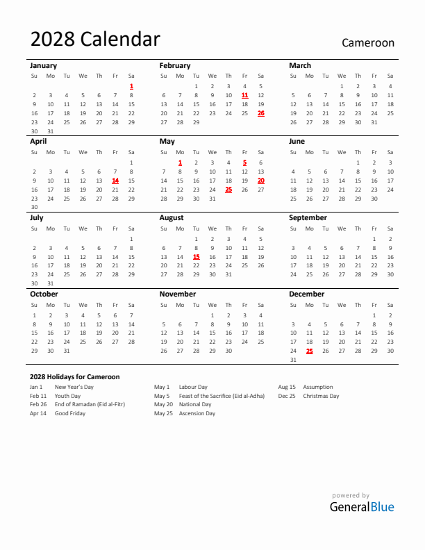 Standard Holiday Calendar for 2028 with Cameroon Holidays 