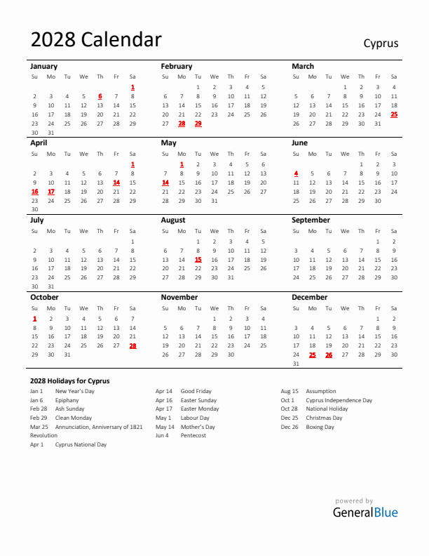 Standard Holiday Calendar for 2028 with Cyprus Holidays 